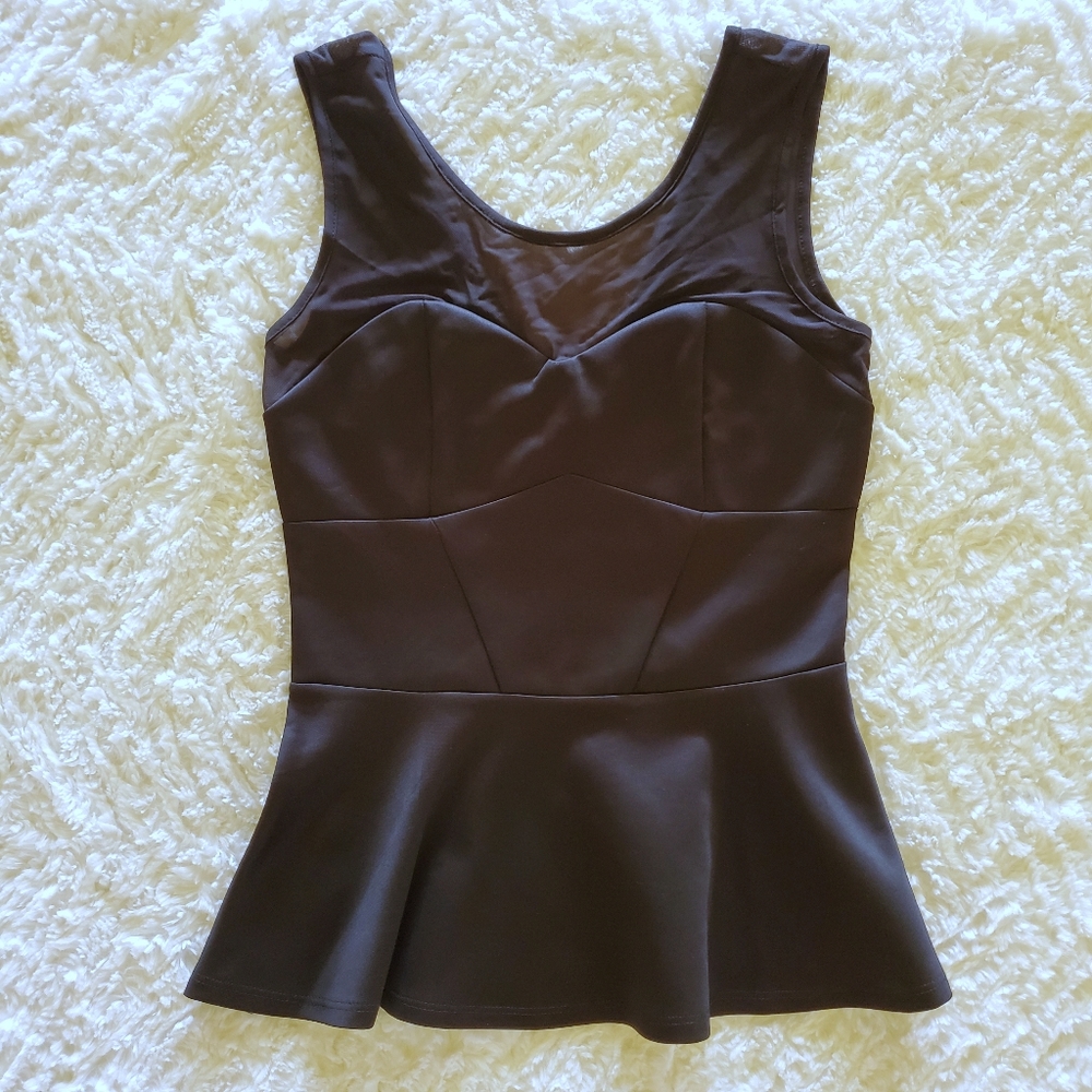 Black Peplum Top with Mesh Sweetheart Neckline